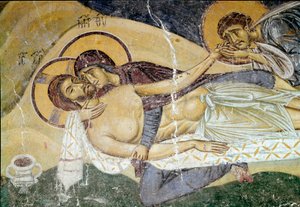 Bysantinsk kunst: "Lamentation on the Death of Christ"" Malerens freskomaleri fra 1100-tallet. Detalj. Nerezi, San Pantaleimone, Macedoine av Byzantine School
