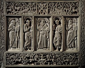 Bysantinsk kunst: "" Døperen Johannes og de fire evangelistene"" mindreverdig detalj av Chair of the Eveque of Ravenna Maximien (546-554) trone episcopal (cathedra) i elfenben, realiserer sannsynligvis en Konstantinopel Ravenna, Museo Arcivescovile (bysant av Byzantine School