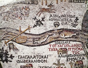 Bysantinsk kunst: eldste kart over Palestina. Detalj som viser elven Jordan og munningen ved Dødehavet. Mosaikk fra 600-tallet. Madaba, St. George-kirken av Byzantine School