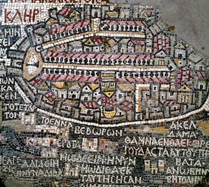 Bysantinsk kunst: eldste kart over Palestina. Detalj som representerer Jerusalem. Mosaikk fra 600-tallet. Madaba, St. George-kirken av Byzantine School