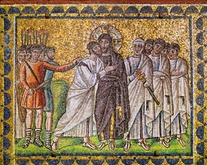 Kristus omgitt av apostler; han blir grepet av romerske soldater, 6. århundre (mosaikk) av Byzantine School