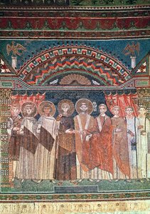 Konstantin IV (654-85) gir biskop Reparatus privilegier for kirken Ravenna, 671-77 (mosaikk) av Byzantine School