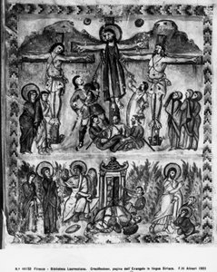 Crucifixion and the Resurrection, fra Rabula-evangeliene, 586 e.Kr av Byzantine School