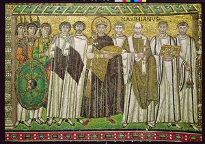 Keiser Justinian I og hans følge av embetsmenn, vakter og presteskap, ca. 547 e.Kr. (mosaikk)