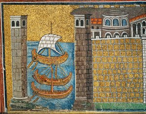 Inngang til havnen i Classe, havnetårn og tre skip, detalj, 6. århundre (mosaikk) av Byzantine School