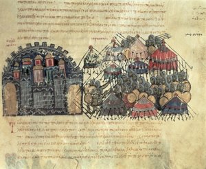 MMS Vitr. 26-7 bysantinere beleirer Messina, fra Madrid Skylitzes (vellum) av Byzantine School