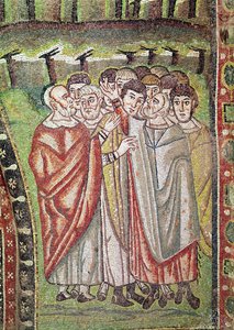 Det hebraiske folket, detalj av The Hospitality of Abraham and the Sacrifice of Isaac, 600-tallet (mosaikk) av Byzantine School
