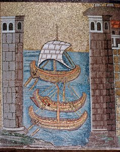 Utsikt over båter i havnen i Class (Detalj av mosaikk, 600-tallet) av Byzantine School