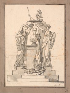 En byste (Fr. VI?) er kronet av tre kvinner med våpenskjold av C.A. Lorentzen