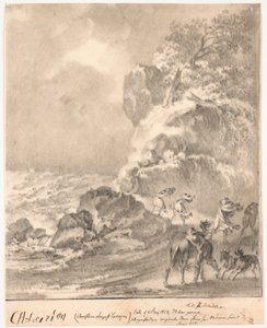 Steinete kyst med figurer i en storm av C.A. Lorentzen