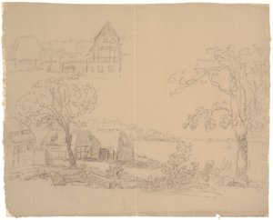 Landskap med gård ved innsjø. F.o.t.v. En gård av C.A. Lorentzen