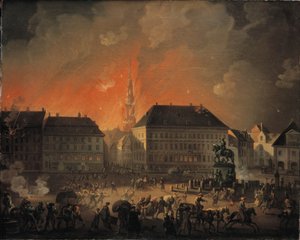 Den mest forferdelige natten. Utsikt over Kongens Nytorv i København under det engelske bombardementet av København om natten mellom 4. og 5. september 1807