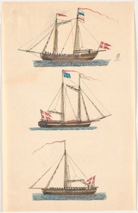 Tre marineskip med danske flagg. Åredrevet av C.A. Lorentzen
