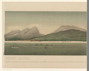 Utsikt over kysten av Greater Aceh, med flåten til den første Aceh-ekspedisjonen utenfor kysten, tredje del De roadstead of Greater Aceh (tittel på objekt) av C.A. Whitten