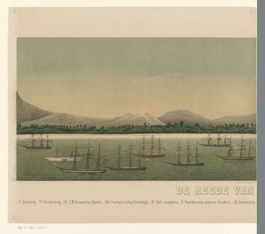 Utsikt over kysten av Greater Aceh, med flåten til den første Aceh-ekspedisjonen utenfor kysten, del to The Greater Aceh Road (tittel på objekt) av C.A. Whitten
