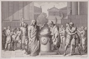Møtet mellom Camillus og Manlius etter gallernes retrett, gravert av B.Barloccini, 1849