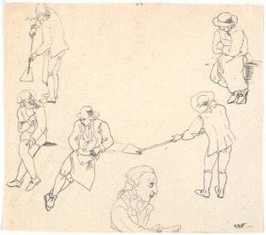 Skisse med seks mannsfigurer, to med spader, tre sittende og en mannsprofil av C.D. Fritzsch