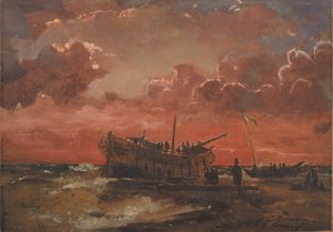 Et vrak på Jyllands vestkyst ved solnedgang av C.F. Sørensen