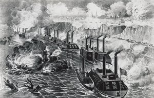 Admiral David Dixon Porters flåte kjører opprørsblokade på Mississippi ved Vicksburg, 16. april av J.B. and Brown J. Rowbotham