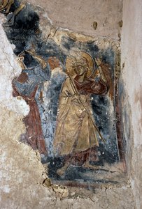 Engel og helgen, detalj fra freskomaleri i kirken Agios Georgios Apodoulou, Apodoulou, Kreta, Hellas (bilde) av J.B. and Brown J. Rowbotham