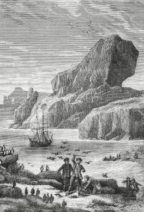 Oppdagelsen av Austral-Frankrike (Kerguelen-øyene) av den franske oppdageren Yves-Joseph de Kerguelen-Tremarec (1734-1797), februar 1772, gravering, Det indiske hav, territoriet til franske sørlige og antarktiske land