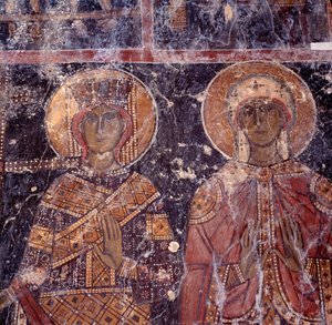 Fresco i den bysantinske kirken Agios Nikolaos, Maza, Kreta, Hellas av J.B. and Brown J. Rowbotham