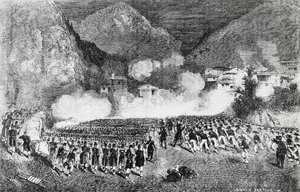 General Giacomo Medicis divisjon angriper Levico Terme, Trentino-Alto Adige, juli 1866, tredje uavhengighetskrig, gravering, Italia av J.B. and Brown J. Rowbotham