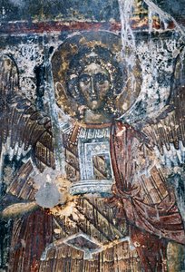 Hest, skadet freskomaleri i taket til kirken Agios Vasileios, Vavouledo, Kreta, Hellas (bilde) av J.B. and Brown J. Rowbotham