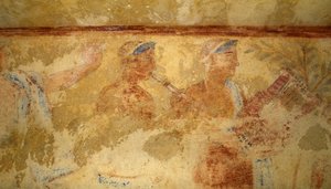 Musikere, freskomalerier, detaljer, Tomb of the Blue Demons, Necropolis of Tarquinia (UNESCOs verdensarvliste, 2004), Lazio, Italia. Etruskisk sivilisasjon, 500-tallet f.Kr. (bilde) av J.B. and Brown J. Rowbotham
