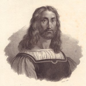 Portrett av den italienske gravøren Marcantonio Raimondi (1480-1534), kobberstikk av Barni fra maleri av Raffaello Sanzio