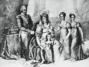 Portrett av Victor Emmanuel I, konge av Sardinia og hertug av Savoy, Piemonte og Aosta, med sin kone Maria Theresa av Østerrike-Este og døtrene hans, Maria Teresa av Savoy (1803-1879), Maria Anna av Savoy og Maria Cristina av Savoy , gravering av J.B. and Brown J. Rowbotham