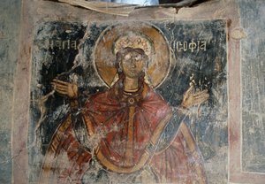 Saint, freskomalerier i kirken Agios Georgios, Komitades, Kreta, Hellas (bilde) av J.B. and Brown J. Rowbotham