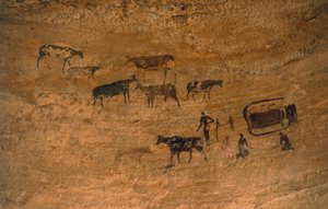 Scene av dagliglivet med husdyr, bergkunst, Tassili n