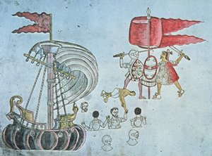 Spanske soldater fra Hernan Cortes vasser i land i 1519 for å kjempe mot aztekerne, kopiert fra Codex Azcatitlan, ca. 1550 (farge litho) av J.B. and Brown J. Rowbotham