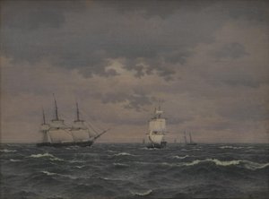 En korvettrev seiler i en friskende vind og noen andre skip av Christoffer Wilhelm Eckersberg