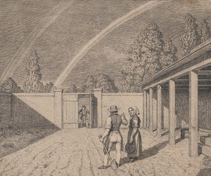 Et par samtaler i en stallgård, med en dobbel regnbue over hodet, fra 