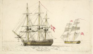 En dansk fregatt for anker og en engelsk brigg under seil av Christoffer Wilhelm Eckersberg