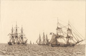 En fregatt ligger for anker. Illustrasjon for "Lineært perspektiv", Plate IXb av Christoffer Wilhelm Eckersberg