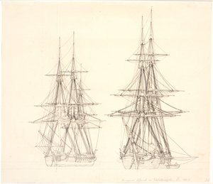 En korvett og en brigg for anker. av Christoffer Wilhelm Eckersberg
