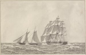 En skonnert som unnslipper en forfølgende fregatt av Christoffer Wilhelm Eckersberg