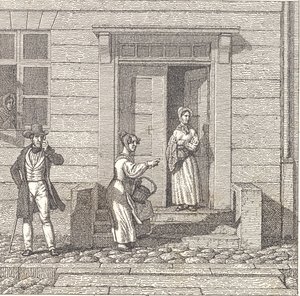 Gatebilde, to jenter, en mann og en kvinne som leter etter noe av Christoffer Wilhelm Eckersberg
