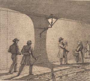 Gatebilde ved lampelys. Illustrasjon for "Lineært perspektiv", Plate VIII av Christoffer Wilhelm Eckersberg