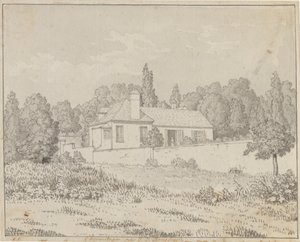 Jean Jacques Rousseaus hus i palasshagen i Ermenonville av Christoffer Wilhelm Eckersberg