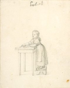 Liten jente står på en krakk ved et bord av Christoffer Wilhelm Eckersberg