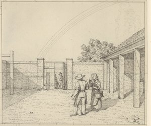 Lineært perspektiv brukt på malerkunsten - Utkast for ikke brukt Versjon av Plate V,2 - Regnbuen over gårdsplassen. av Christoffer Wilhelm Eckersberg