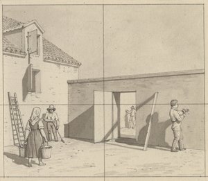 Lineært perspektiv, anvendt på malerkunsten - utkast til ubrukt illustrasjon - Dansk gårdsplass med fire bønder og håndverkere. av Christoffer Wilhelm Eckersberg