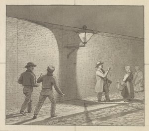 Lineært perspektiv brukt på malerkunsten, Plate VIII, fig. 1 - Natttrafikk under gatelykten. av Christoffer Wilhelm Eckersberg