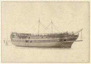 Linjeskipet Danmark i flåtens leiekontrakt før masten monteres. av Christoffer Wilhelm Eckersberg