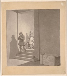 Mann på vei ned trappene, i bakgrunnen kvinne og barn av Christoffer Wilhelm Eckersberg