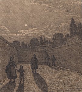 Måneskinn over en vei. Illustrasjon for "Lineært perspektiv", Plate IV av Christoffer Wilhelm Eckersberg